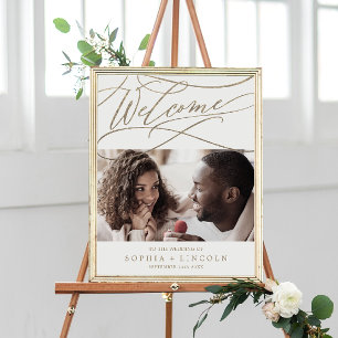 Affiche Romantique Or Calligraphie Photo Bienvenue Mariage