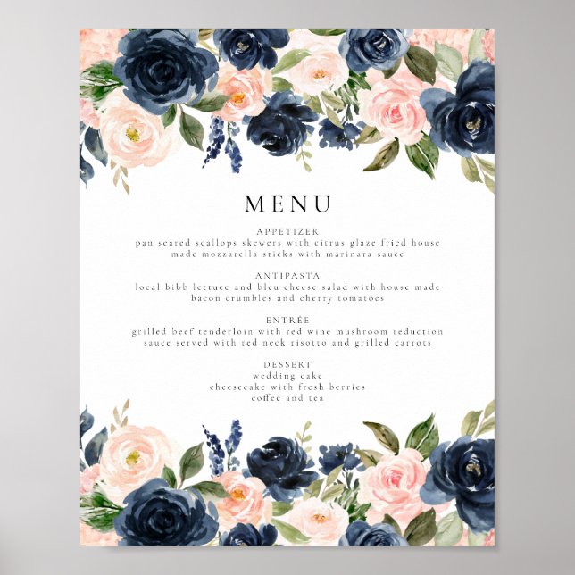 Affiche Romantique & sucré Marine Blush Floral Diner Menu (Devant)