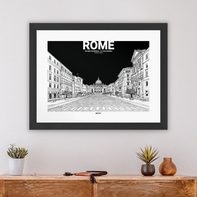 Affiche Rome Basilique Saint-Pierre du Vatican Noir Blanc (Vatican City Rome View Black White Sketch Mate Poster)