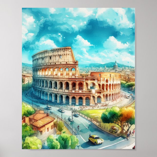 Affiche Rome Colisée Italie Aquarelle Art (Devant)
