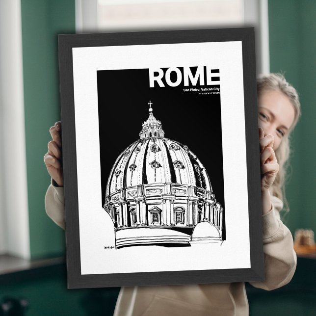 Affiche Rome Vatican City St Peter's Dome Sketch de voyage (St. Peter's Rome Black White Sketch Mate Post Poster)