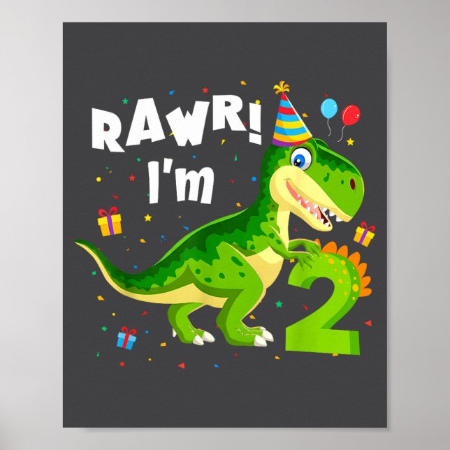 Affiche Roooar j'ai 2 ans 2e anniversaire T Rex dinosaure  (Devant)