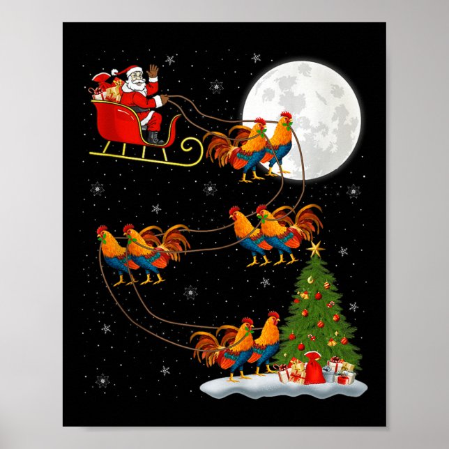 Affiche Rooster Chickens Santa Sleigh Flying Funny Magical (Devant)