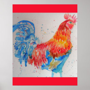 Affiche Rooster rouge Aquarelle Peinture Fête des pères Pa