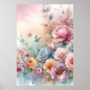 Affiche Rosas couleur pastel vintage avec papillon