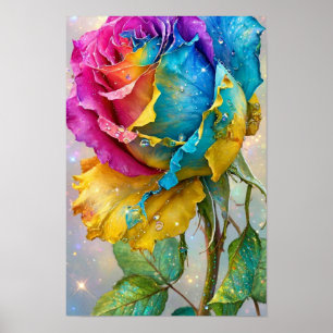 Affiche Rose Arc-en-Ciel Étincelle - Rose Bleu Jaune Color