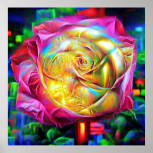 Affiche Rose arc-en-ciel psychédélique