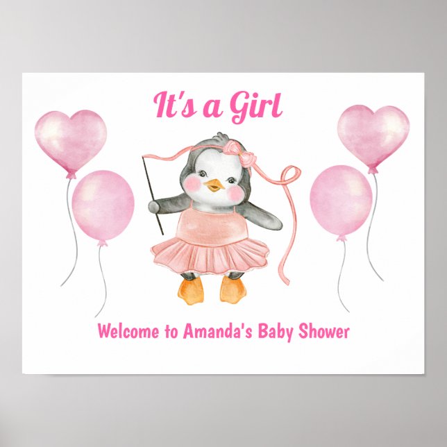 Affiche Rose Blanc C'est une fille Baby shower Penguin Acc (Devant)
