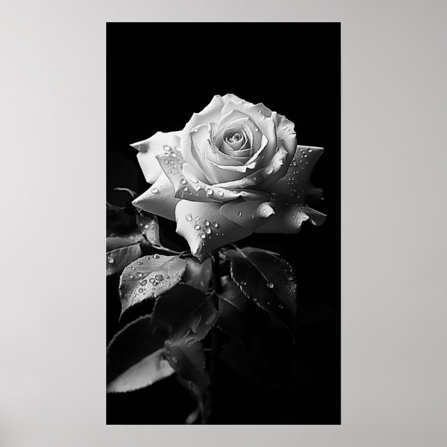 Affiche Rose blanche à longue tige photo B&W (Devant)