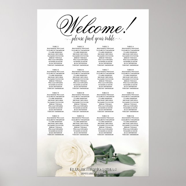 Affiche Rose Blanche Élégante Plan de table de mariage à 1 (Devant)