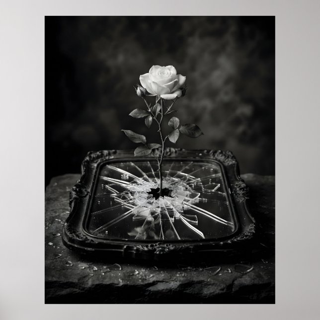 Affiche Rose blanche poussant d'un miroir fissuré (Devant)