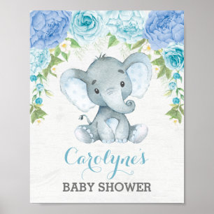 Affiche Rose bleu Elephant Baby shower garçon Bienvenue