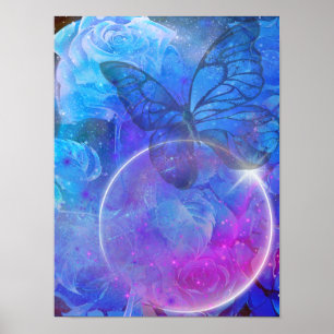 Affiche Rose bleu et papillon bleu