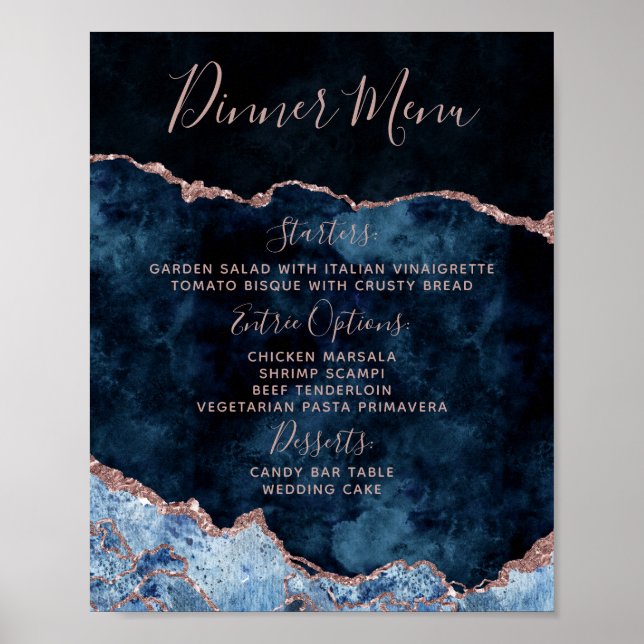 Affiche Rose bleu marine Gold Agate Mariage menu Panneau d (Devant)