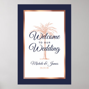 Affiche Rose bleu marine Gold Palm Mariage Bienvenue