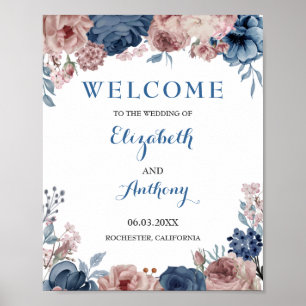 Affiche Rose bleu marine Mauve Mariage d'aquarelle