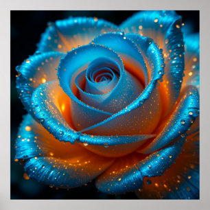 Affiche Rose Bleue Vibrante avec Gouttes de Rosée en Contr