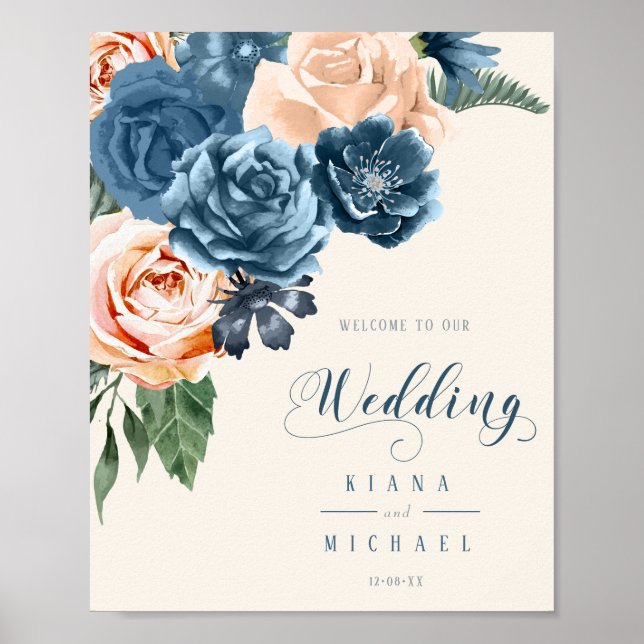 Affiche Rose Blue/Peach Mariage Welcome ID584 (Devant)