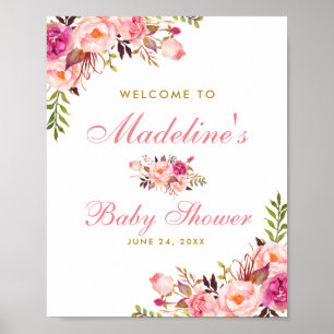 Affiche Rose Blush Floral et Baby shower d'or Bienvenue