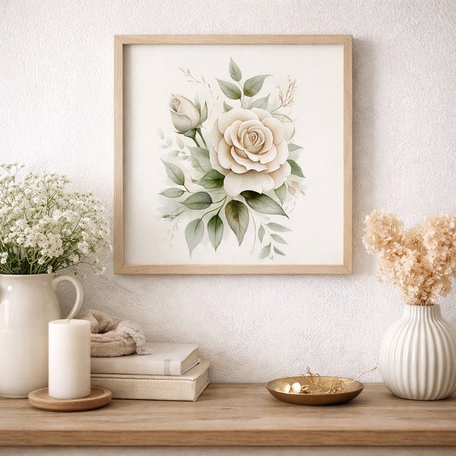 Affiche Rose botanique blanche élégante, verdure neutre  (White roses and greenery wall art)
