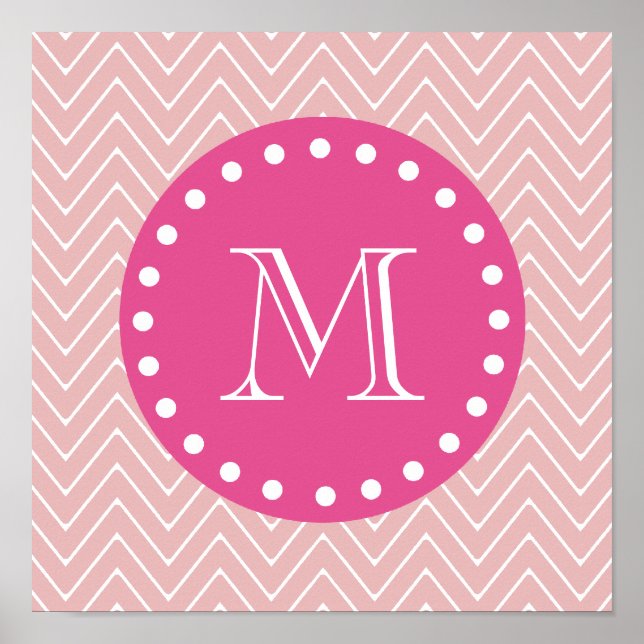 Affiche Rose Chaud, Chevron Rose | Votre monogramme (Devant)