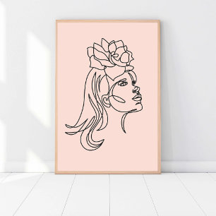 Affiche Rose Coloured Line Art, Woman Portrait Illustratio