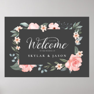Affiche Rose d'aquarelle de bienvenue et cadre de feuillag