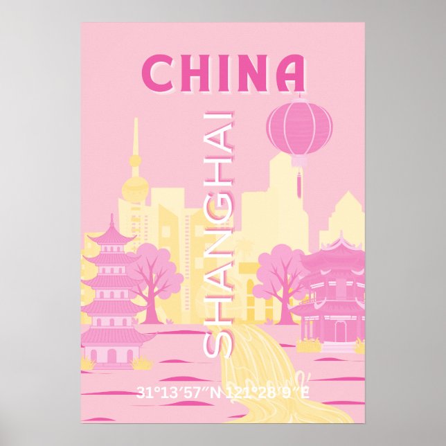 Affiche rose de voyage à Shanghai Chine (Devant)