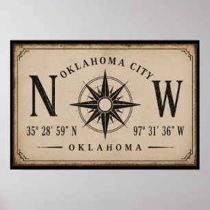 Affiche Rose des vents coordonnées vintage Oklahoma City