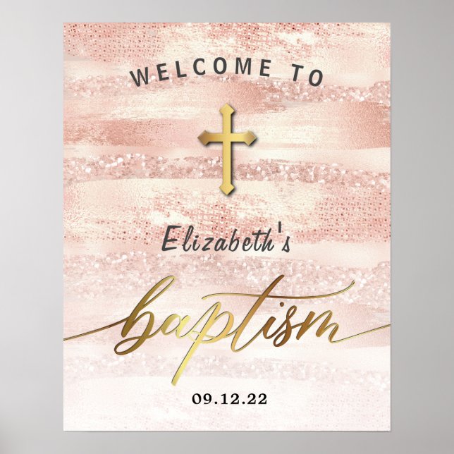 Affiche Rose élégant Gold Girl Baptism Bienvenue (Devant)