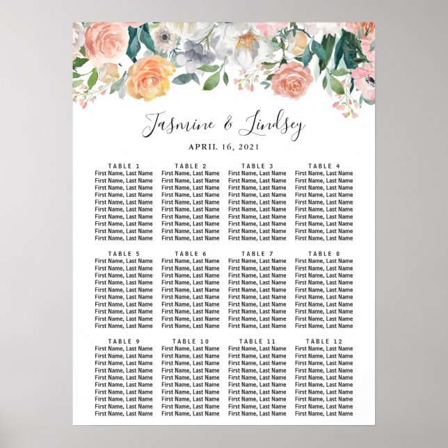 Affiche Rose en fleur pivoines Floral Mariage Siège graphi (Devant)