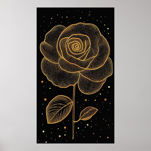 Affiche Rose en ligne d'art doré avec points scintillants (Devant)