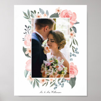 Affiche Rose et feuillage de sauge floraux aquarelle rose