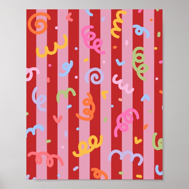 Affiche Rose et rouge rayé, avec motif de confettis  (Devant)