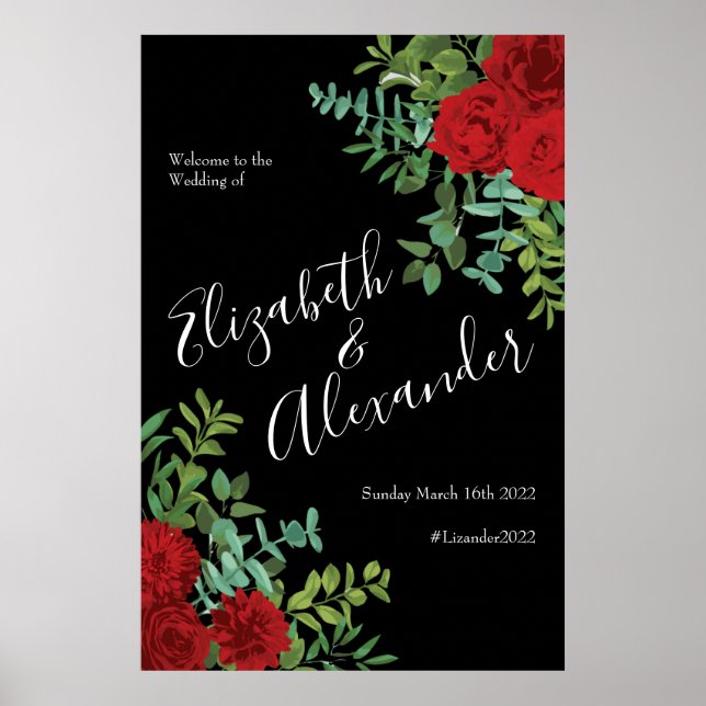 Affiche Rose Floral Black et Red Peony Mariage (Devant)