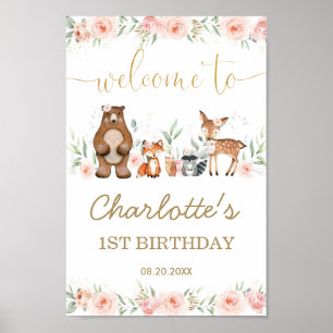 Affiche Rose Floral Bois animal 1er anniversaire Bienvenue