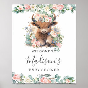 Affiche Rose Floral Cute Highland Vache Baby shower Bienve