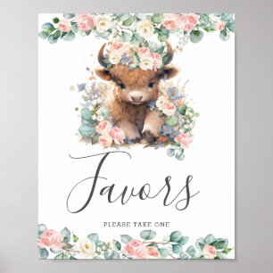 Affiche Rose Floral Cute Highland Vache Baby shower Faveur