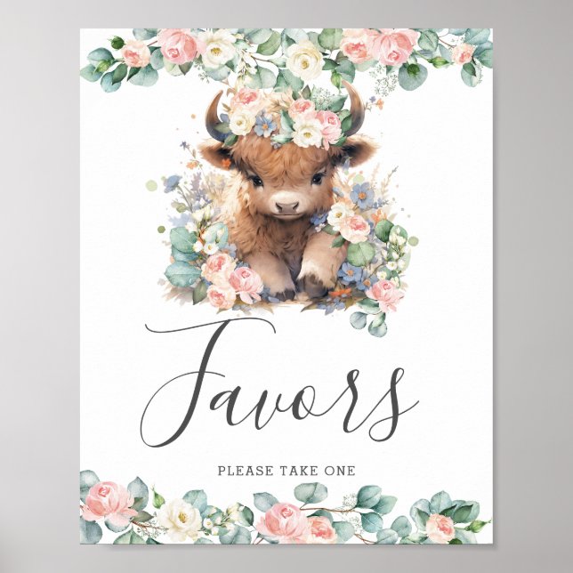 Affiche Rose Floral Cute Highland Vache Baby shower Faveur (Devant)