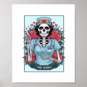 Affiche Rose Floral Skeleton Nurse Carte Tarot Halloween E
