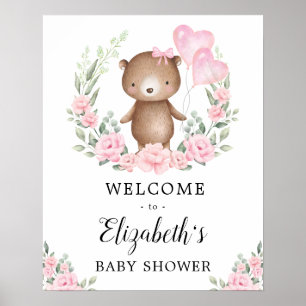 Affiche Rose Floral Teddy Ours Girl Baby shower Bienvenue