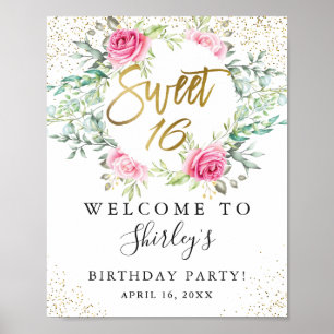 Affiche Rose Floral Vert Or Script Sweet 16 Anniversaire