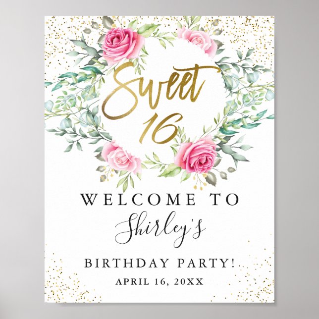 Affiche Rose Floral Vert Or Script Sweet 16 Anniversaire (Devant)