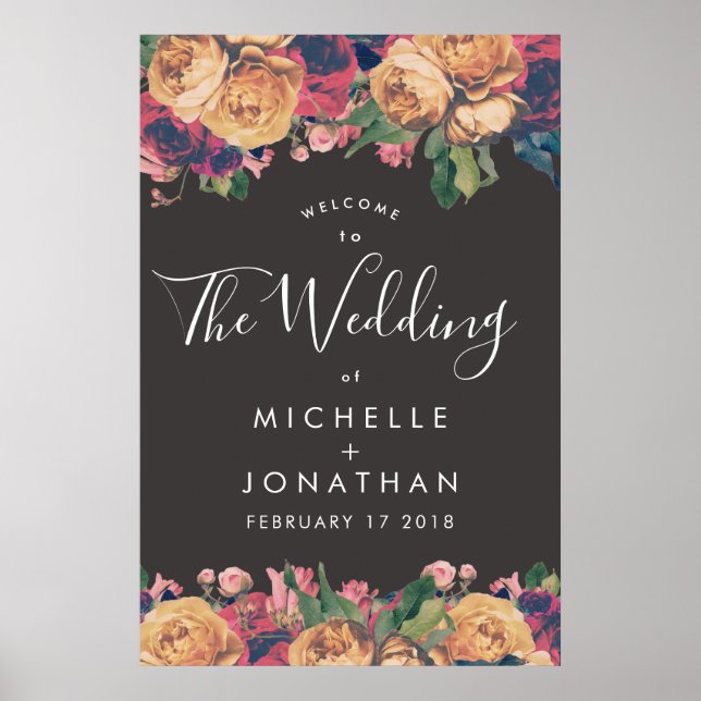 Affiche Rose foncé Botanique Mariage pied (Devant)