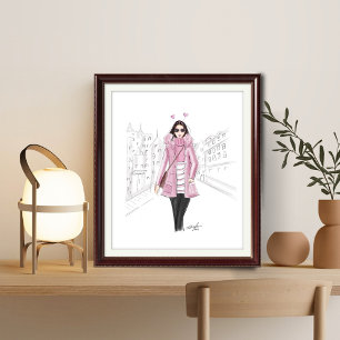 Affiche rose girly, imprimable, esquisse de mode,