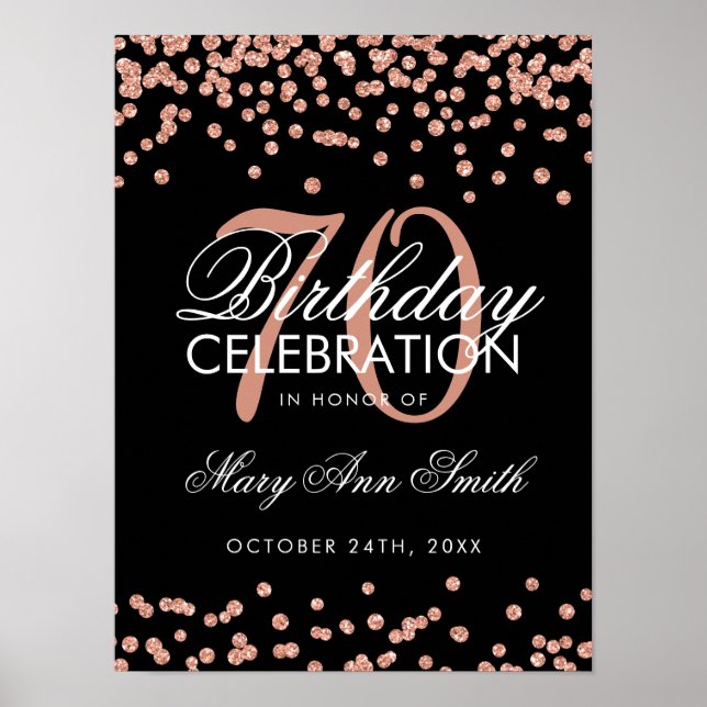 Affiche Rose Gold 70th Birthday Glitter Confetti Black (Devant)