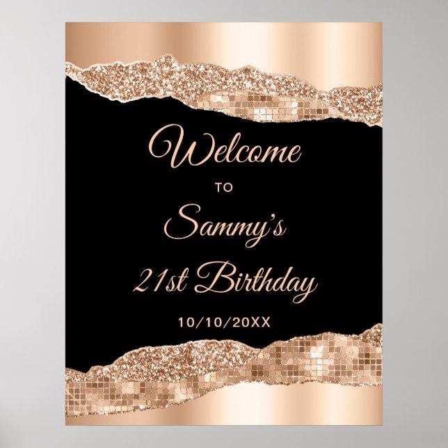 Affiche Rose Gold Black Glam Tears Anniversaire Bienvenue (Devant)