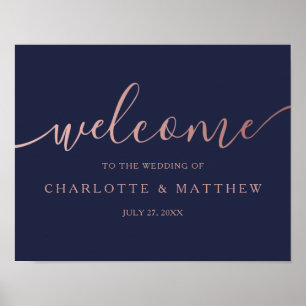 Affiche Rose Gold Calligraphie Marine Bienvenue Mariage Po