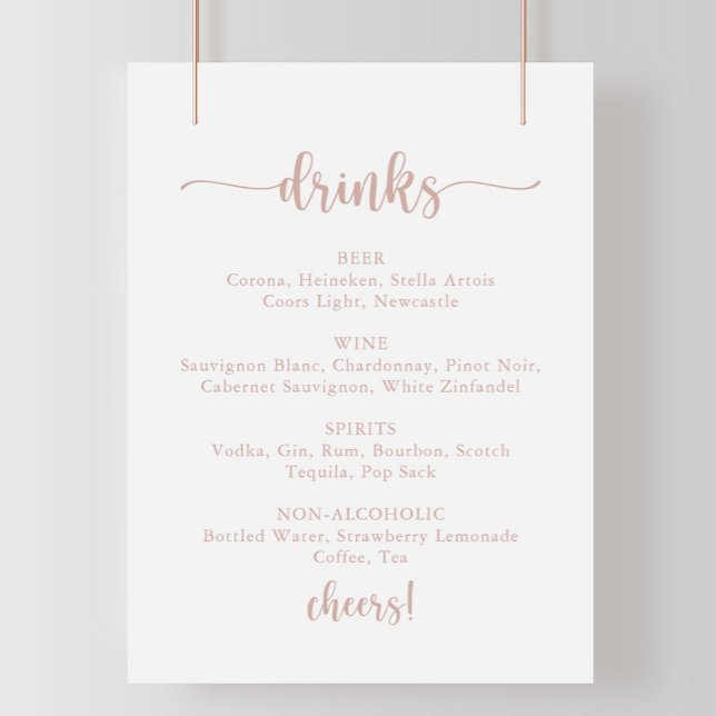 Affiche Rose Gold Calligraphy Mariage Boissons Menu Signer (Créateur téléchargé)