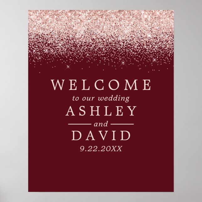 Affiche Rose Gold Confetti Burgundy Chic Wedding Welcome (Devant)